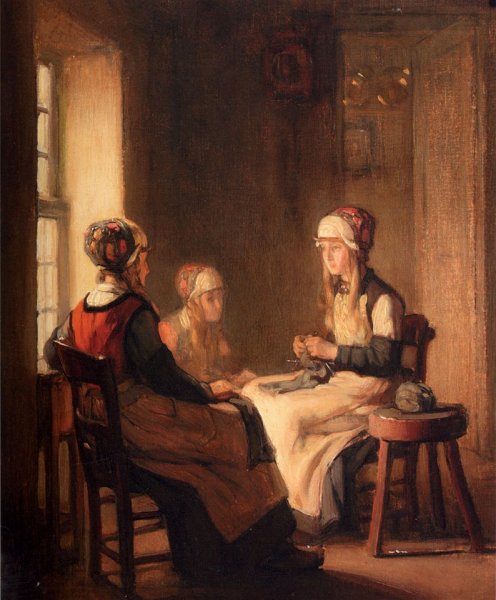 A Interior With Marken Girls Knitting