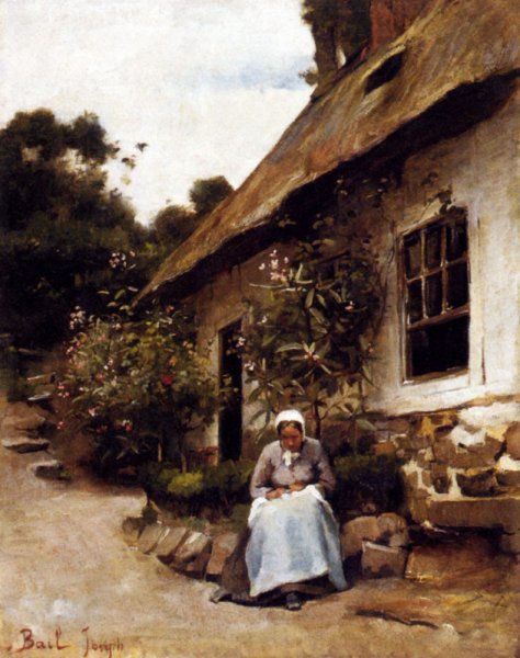 Main Product Photo of Woman Sewing in front of Her Cottage Painting by Claude Joseph Bail