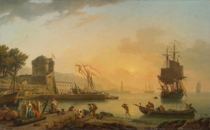 A Grand View Of The Sea Shore Enriched With Buildings, Shipping And Figures by Claude-Joseph Vernet Oil Painting