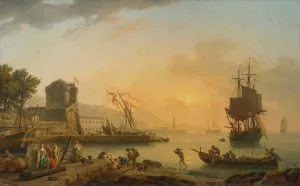 A Grand View Of The Sea Shore Enriched With Buildings, Shipping And Figures by Claude-Joseph Vernet Oil Painting