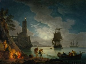 A Harbor in Moonlight by Claude-Joseph Vernet Oil Painting