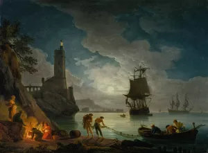 A Harbor in Moonlight by Claude-Joseph Vernet Oil Painting