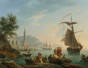 A Mediterranean Harbor At Sunset With Fisherfolk At The Water's Edge, A Lighthouse And A Man Of War At Anchor In The Bay by Claude-Joseph Vernet Oil Painting