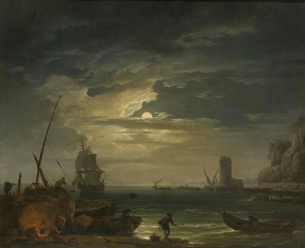 A Mediterranean Inlet By Moonlight  by Claude-Joseph Vernet - Hand-Painted Oil Painting Reproduction
