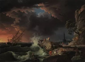 A shipwreck with figures coming ashore by Claude-Joseph Vernet Oil Painting