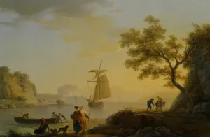 An Extensive Coastal Landscape with Fishermen Unloading their Boats by Claude-Joseph Vernet - Oil Painting Reproduction