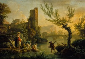 Paysage avec des lavandieres by Claude-Joseph Vernet Oil Painting