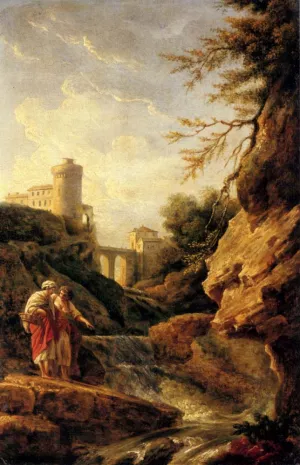 Two Female Peasants by a Waterfall, a Town and Aqueduct Beyond Oil painting by Claude-Joseph Vernet