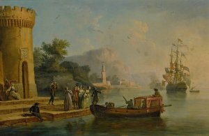 View of a Mediterranean port with a group of figures on the shore's edge, a large ship beyond by Claude-Joseph Vernet Oil Painting