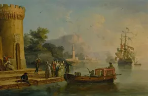 View of a Mediterranean port with a group of figures on the shore's edge, a large ship beyond by Claude-Joseph Vernet Oil Painting