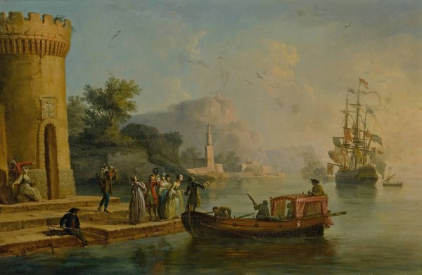 View of a Mediterranean port with a group of figures on the shore's edge, a large ship beyond by Claude-Joseph Vernet - Hand-Painted Oil Painting Reproduction