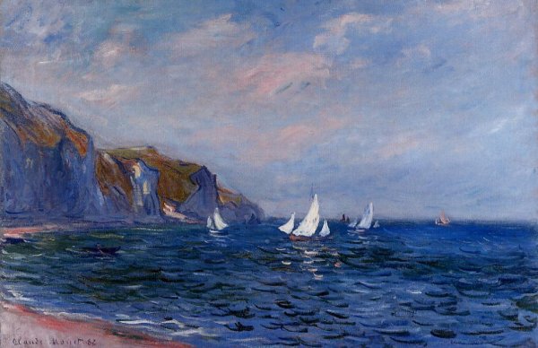 Main Product Photo of Cliffs and Sailboats at Pourville Painting by Claude Monet