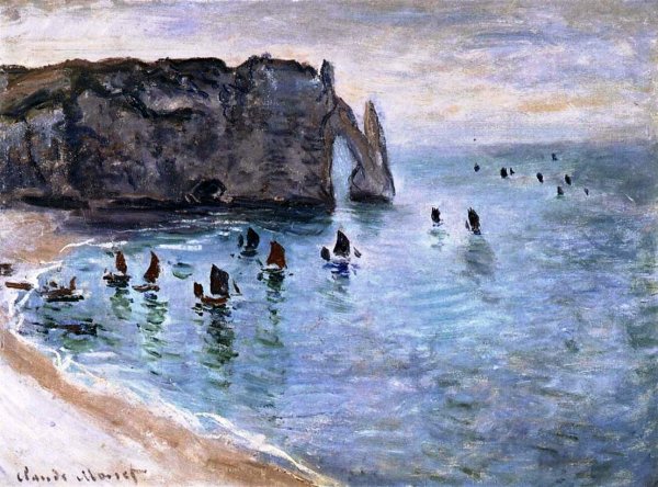 Main Product Photo of Etretat, La Porte d'Aval - Fishing Boats Leaving the Harbour Painting by Claude Monet