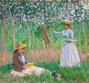 In The Woods At Giverny- Blanche Hoschede At Her Easel With Suzanne Hoschede Reading by Claude Monet Oil Painting