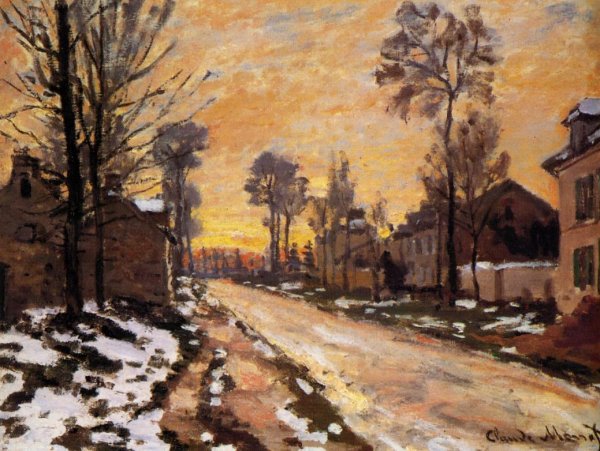 Main Product Photo of Road at Louveciennes, Melting Snow, Sunset Painting by Claude Monet
