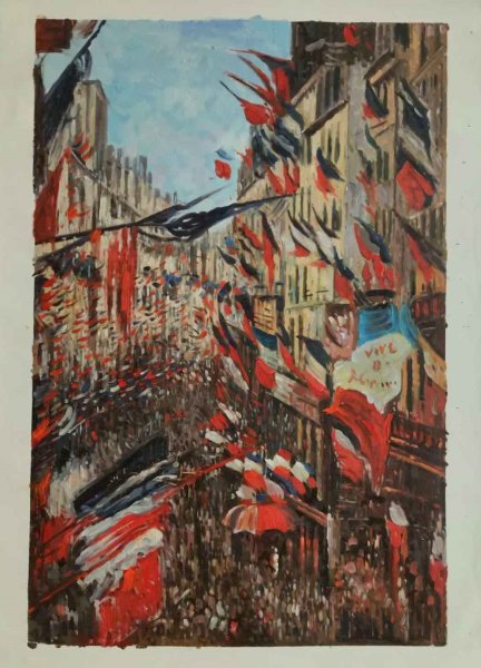 Sample hand-painted oil reproduction of Rue Montargueil with Flags by Henri Biva
