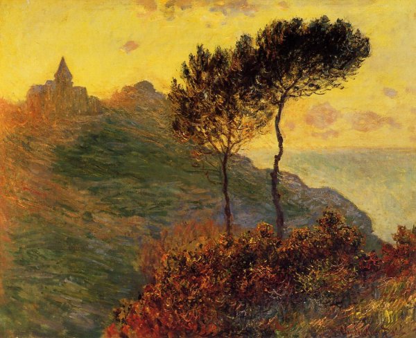 Main Product Photo of The Church at Varengeville, Against the Sunset Painting by Claude Monet