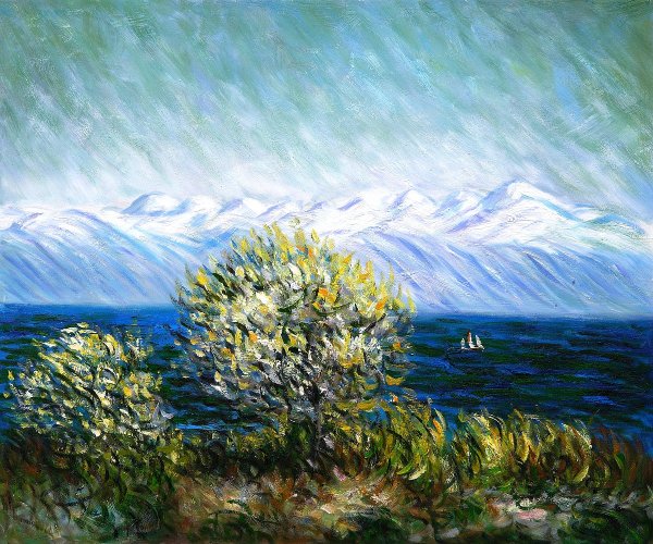 Main Product Photo of View of the Bay at Antibes and Maritime Alps Painting by Claude Monet