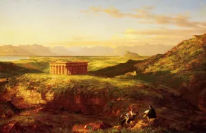 The Temple of Segesta with the Artist Sketching by Clement Pujol De Gustavino - Oil Painting Reproduction