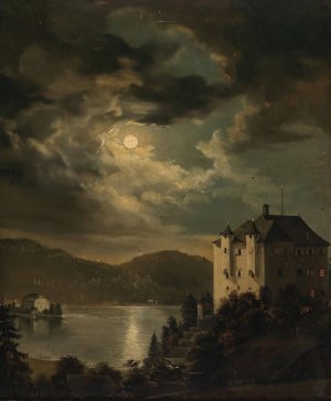Worthersee, Mondstimmung uber Schloss Freyenthurn mit Blick auf Loretto by Clementine Von Rainer Oil Painting