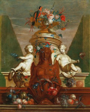 An elaborate fountain with fruit, flowers and a parrot by Coenraet Roepel Oil Painting