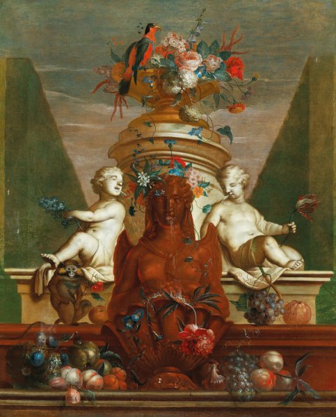 An elaborate fountain with fruit, flowers and a parrot by Coenraet Roepel - Hand-Painted Oil Painting Reproduction