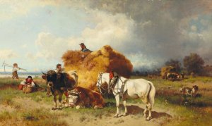 Gathering in the Hay with Approaching Storm by Conrad Buhlmayer Oil Painting