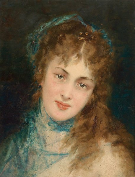 Main Product Photo of Bildnis einer Dame mit blauem Tuch  Painting by Conrad Kiesel