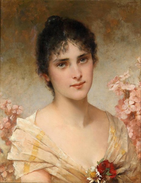 Girl with flowers  by Conrad Kiesel - Hand-Painted Oil Painting Reproduction