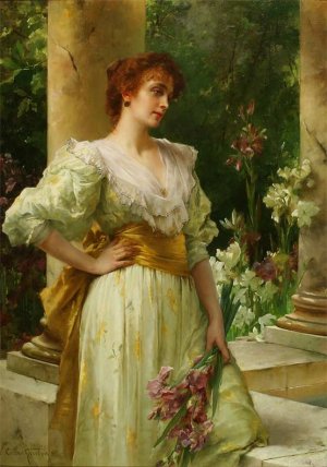 Woman Holding Irises by Conrad Kiesel Oil Painting