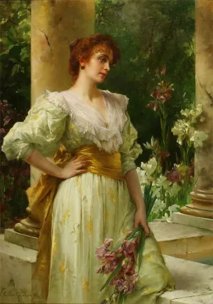 Woman Holding Irises by Conrad Kiesel - Oil Painting Reproduction