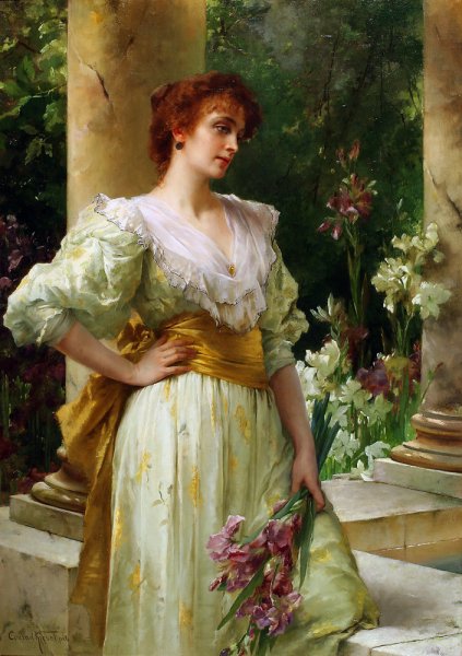 Woman in White Holding Irises by Conrad Kiesel - Hand-Painted Oil Painting Reproduction