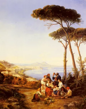 A Group Of Peasants With The Bay Of Naples Beyond by Consalvo Carelli Oil Painting