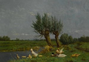 A Duck Family In A Meadow by Constant Artz Oil Painting