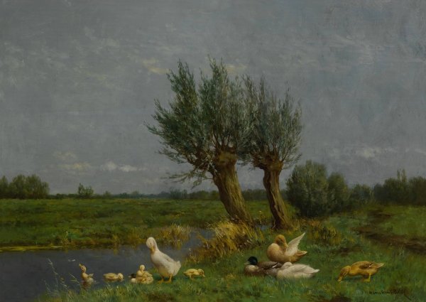A Duck Family In A Meadow by Constant Artz - Hand-Painted Oil Painting Reproduction