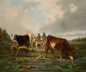 Cattle at the waterhole by Constant Troyon Oil Painting