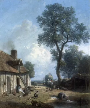 Figures in a Farmyard by Constant Troyon Oil Painting