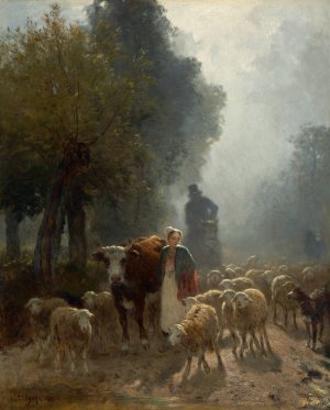 Going To Market On A Misty Morning by Constant Troyon Oil Painting