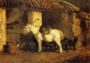 Outside the Stable by Constant Troyon - Oil Painting Reproduction