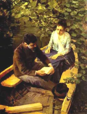 In a Boat Portrait of the Artist Maria Yakunchikova and Self-Portrait painting by Constantin Alexeevich Korovin