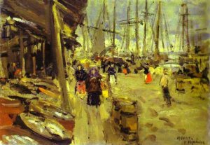 Pier in Arkhangelsk Oil painting by Constantin Alexeevich Korovin