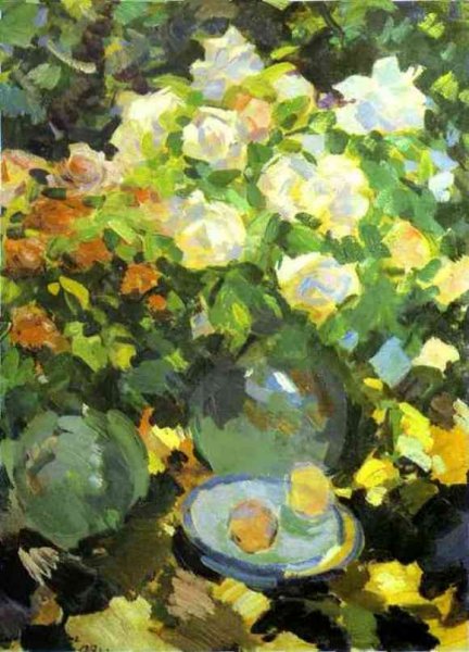 Roses in Blue Jugs by Constantin Alexeevich Korovin - Hand-Painted Oil Painting Reproduction