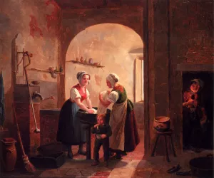 Washerwomen in a Sunlit Basement with a Young Boy Blowing Bubbles by Constantin Fidele Coene - Oil Painting Reproduction