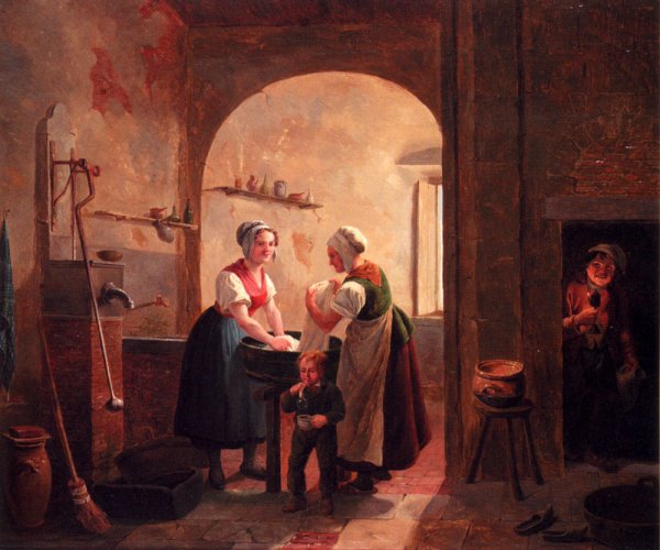 Washerwomen in a Sunlit Basement with a Young Boy Blowing Bubbles
