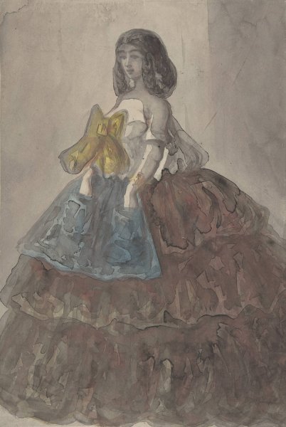 Main Product Photo of Woman in a Tiered Gown with a Large Bow  Painting by Constantin Guys