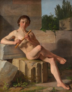 A Male Model Playing Flute by Constantin Hansen Oil Painting