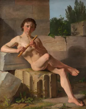 A Male Model Playing Flute by Constantin Hansen Oil Painting