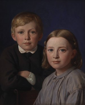 Jens Simmelkaer Asmussen og Katrine Asmussen som born by Constantin Hansen Oil Painting