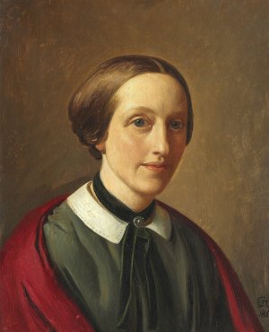 Portraet af Michala Ingerslev, f. Aagaard fra Iselingen i sort kjole og rodt sjal by Constantin Hansen Oil Painting