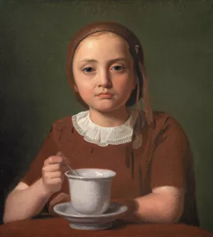 Portrait of a Little Girl, Elise Kobke, with a Cup in front of her by Constantin Hansen Oil Painting